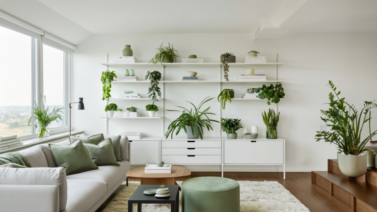 the image shows a bright airy organized living room, neatly styled white shelves with plants and baskets, sage green accents, and natural window light