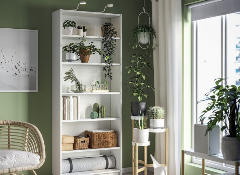 Modern room with plants and shelves, ikea hacks, billy bookcase