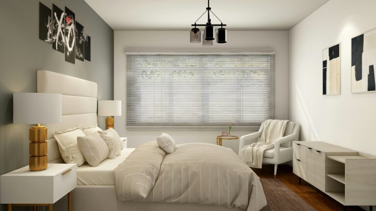 white modern room with blinds and lighting
